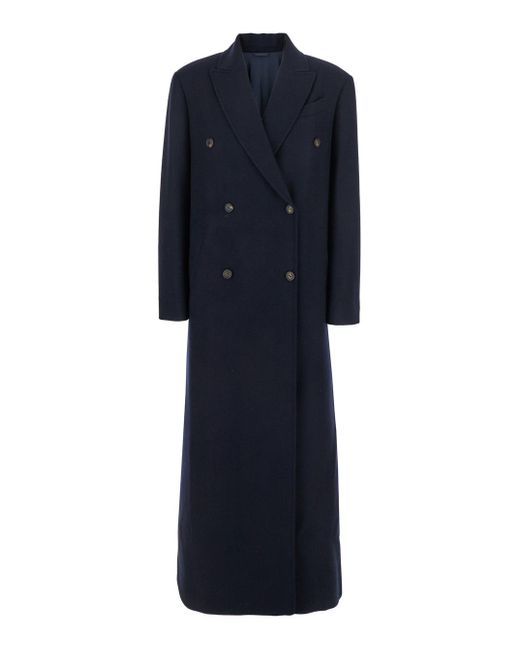 Brunello Cucinelli Blue Double-Breasted Long Coat With Peak Revers