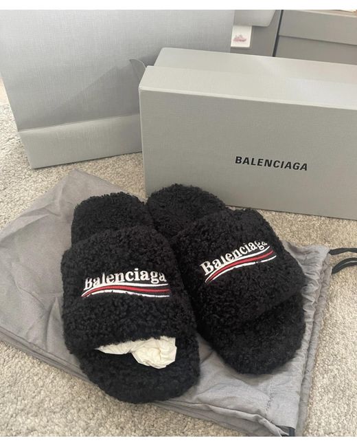 Balenciaga Black Logo Embroidered Furry Slide Sandals