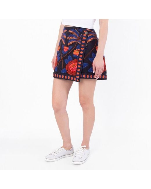 Farm Rio Red Living Bloom Floral-Print Cotton-Twill Mini Wrap Skirt