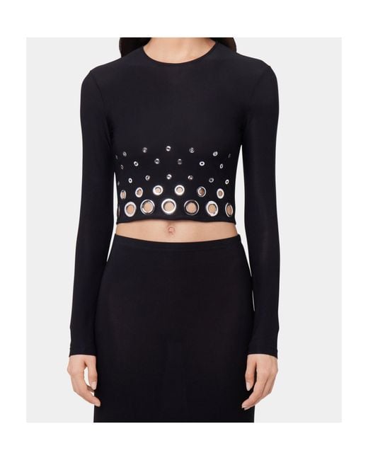 Rabanne Black Eyelet Crop Logo Plaque Top