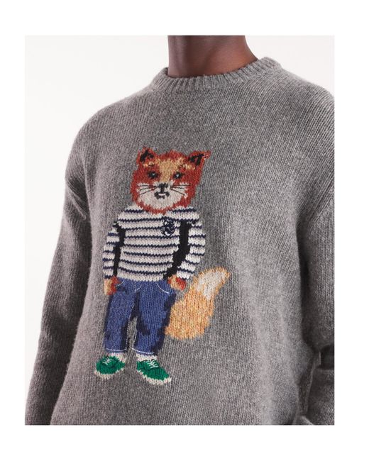 Maison Kitsuné Gray Maison Kitsuné Dressed Fox-Intarsia Crewneck Jumper for men