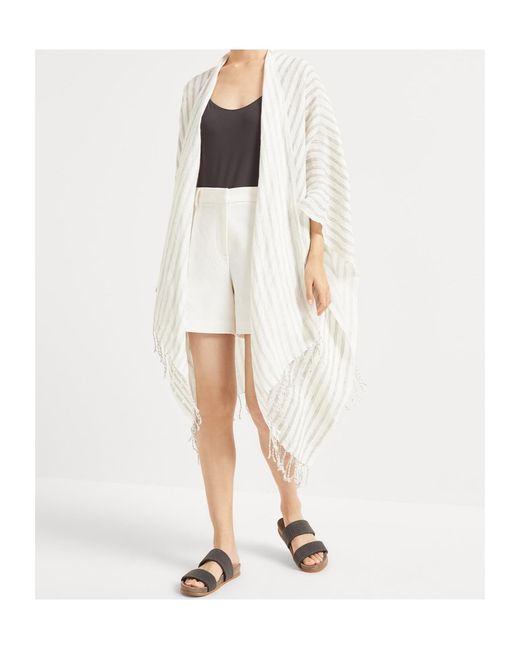 Brunello Cucinelli White Striped Poncho
