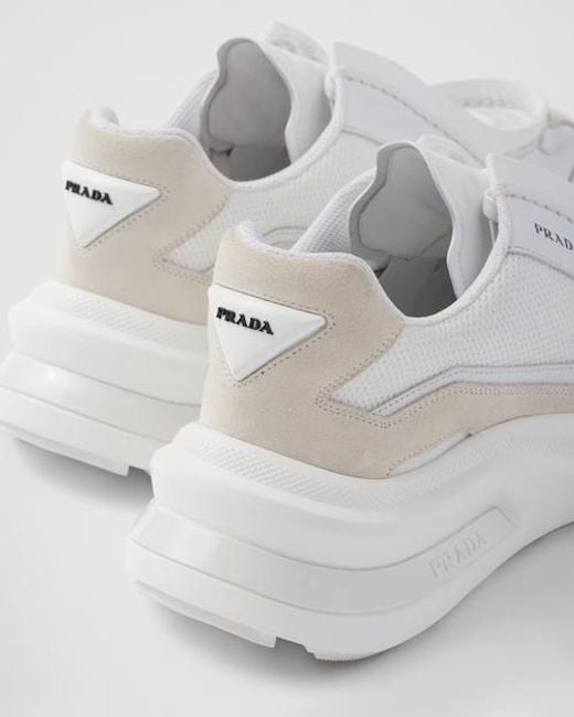 Prada White Brushed Leather Sneakers With Bike Fabric And Suede Elements for men