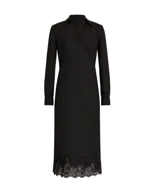 Alberta Ferretti Black Crepe Midi Dress With Collar And Lace Trim