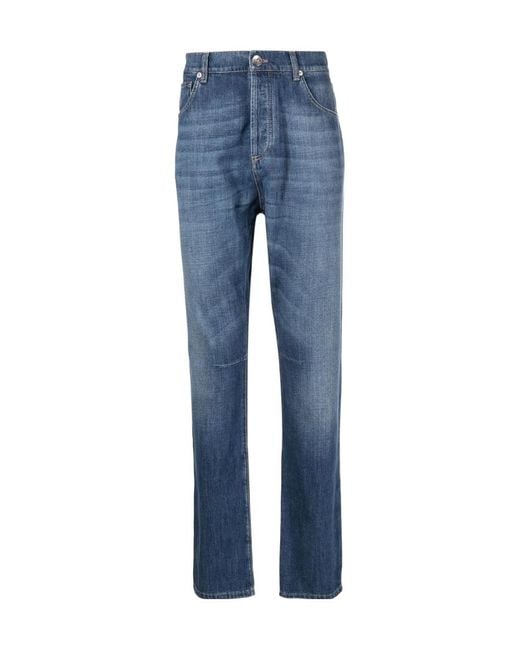 Brunello Cucinelli Blue Logo Patch Straight-Leg Jeans for men