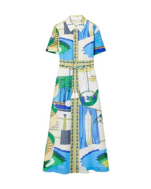 Tory Burch Blue Graphic-Print Midi Shirt Dress