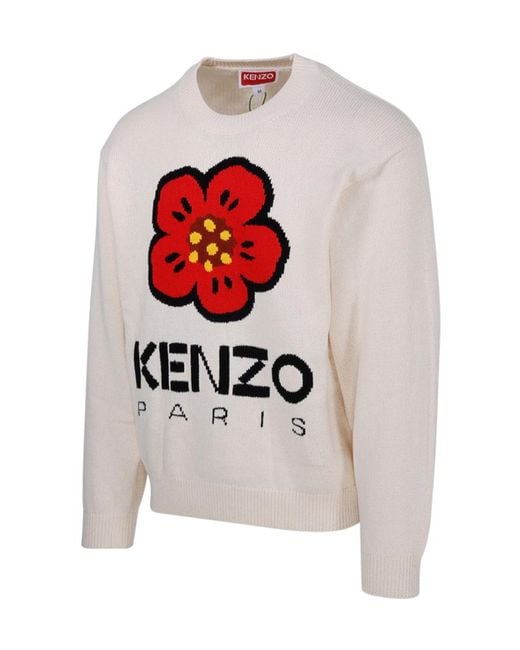 KENZO White Logo Intarsia Crewneck Jumper for men