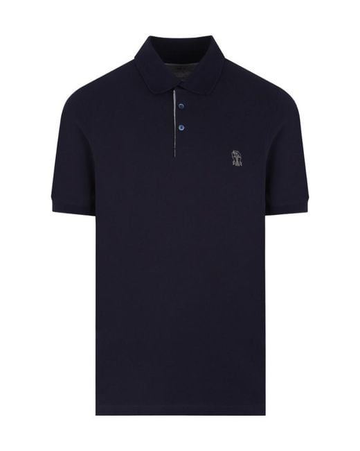 Brunello Cucinelli Blue Embroidered Cotton Polo Shirt for men