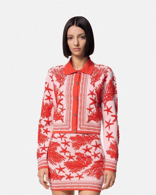 Versace Tresor De La Mer Towel Stitch Jacquard Collared Cardigan