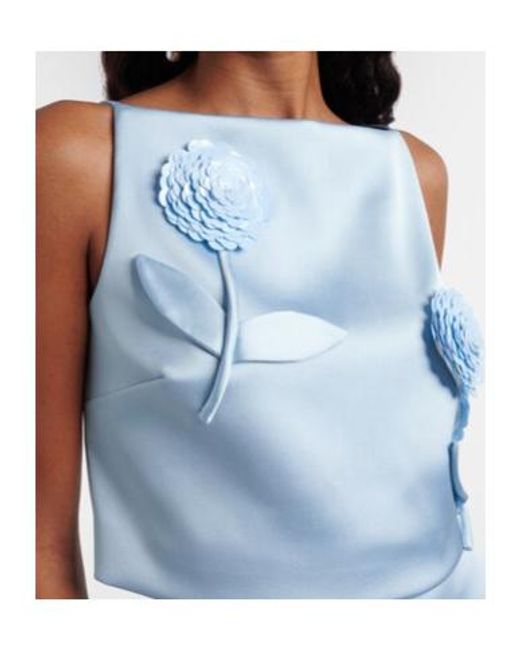 Self-Portrait Blue Floral-Appliqué Sequined Cropped Satin Top
