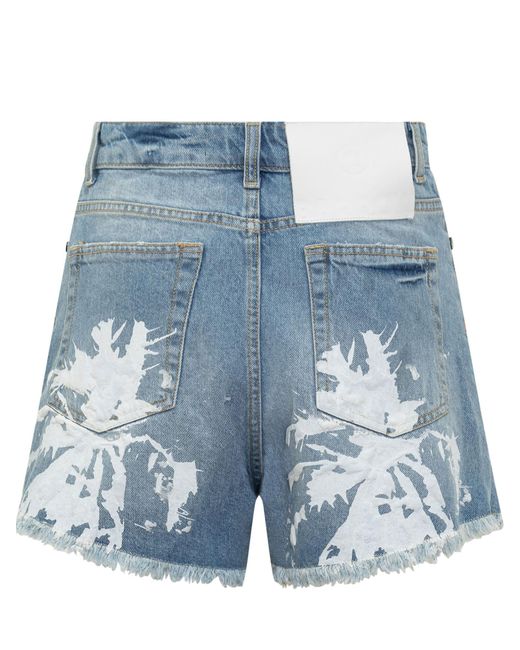 Barrow Blue Abstract Printed Fringed Denim Shorts