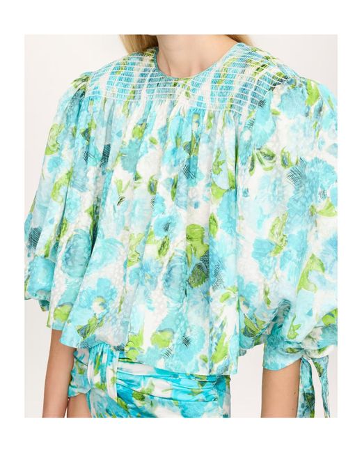 Chloé Blue Chloé Smocked Floral Tie-Sleeve Top