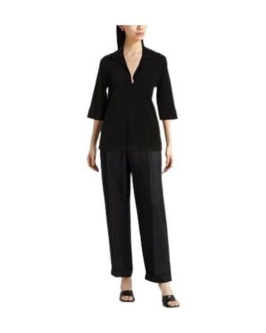 Max Mara Black Collared Half-Placket Three-Quarter Sleeve Top