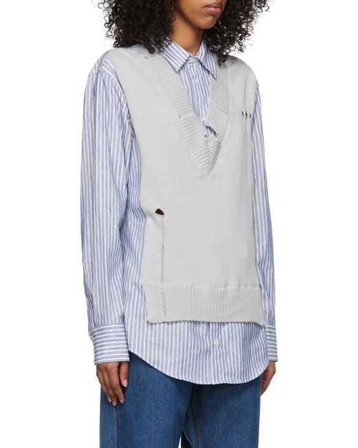 Maison Margiela Blue V-Neck Destroyed Effect Spliced Shirt