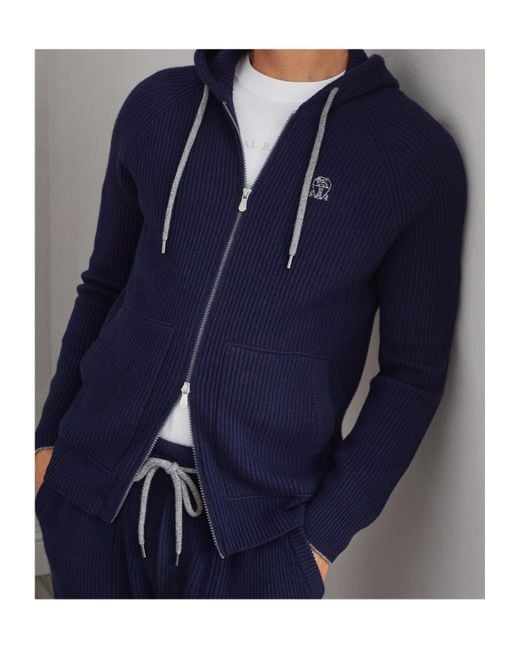 Brunello Cucinelli Blue Logo Embroidered Zipped English Rib Knit Hooded Sweatshirt for men
