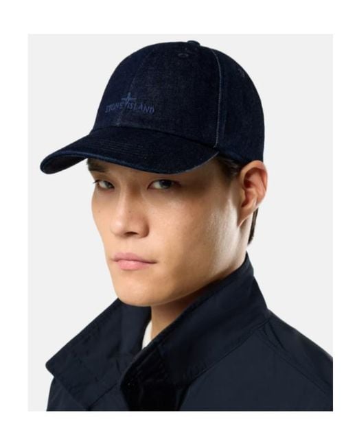 Stone Island Blue Logo Embroidered Denim Baseball Cap for men