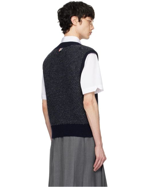 Thom Browne Blue 4-Bar Textured-Knit Vest for men