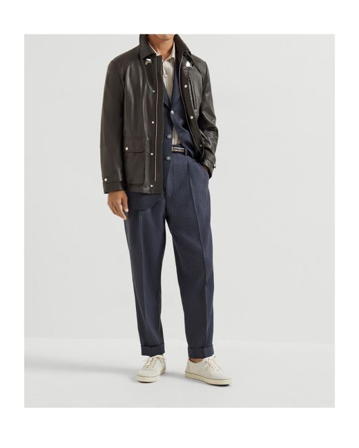 Brunello Cucinelli Black Pocket Calf Leather Jacket for men
