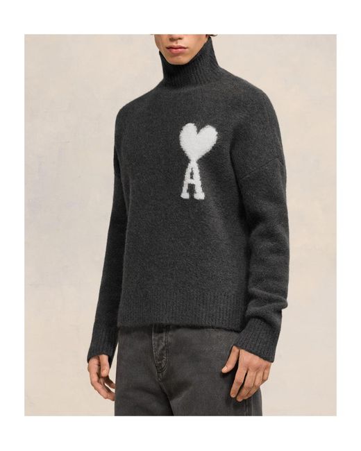 AMI Black Ami De Coeur High Neck Knitted Jumper for men