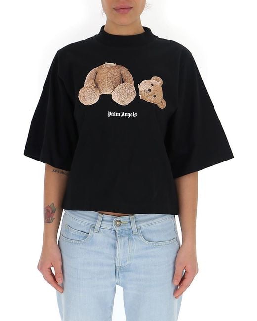 Palm Angels Black Bear Print Cropped T-Shirt