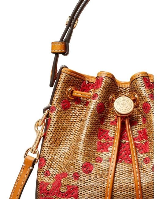 Tory Burch Red T Monogram Straw Mini Bucket Bag