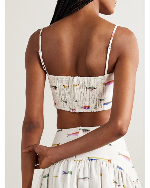 Staud White Federico Cropped Printed Linen Top