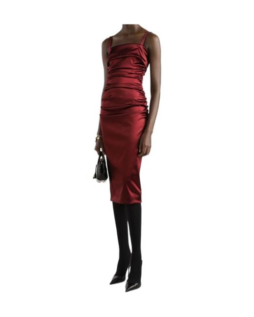 Dolce & Gabbana Red Battened Bodice Midi Satin Dress