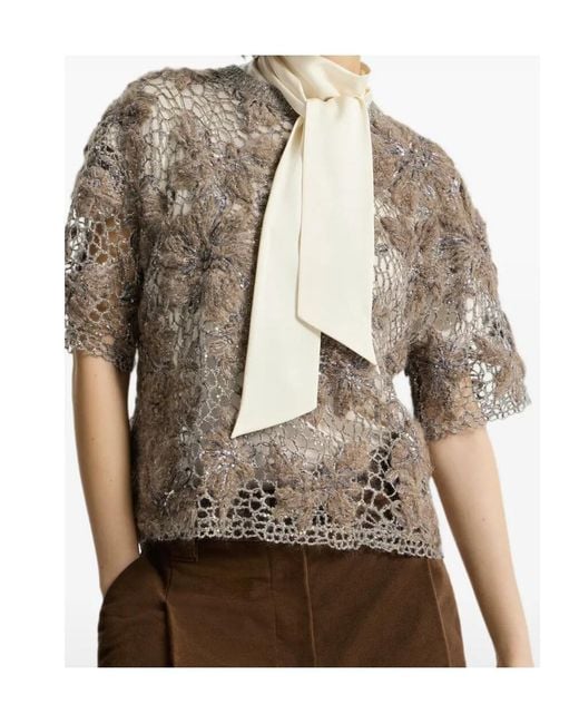 Brunello Cucinelli Multicolor Whispering Bloom Embroidery Knit T-Shirt
