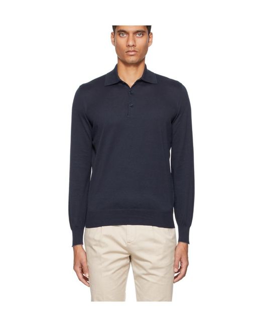 Brunello Cucinelli Blue Long-Sleeved Knitted Polo Shirt for men