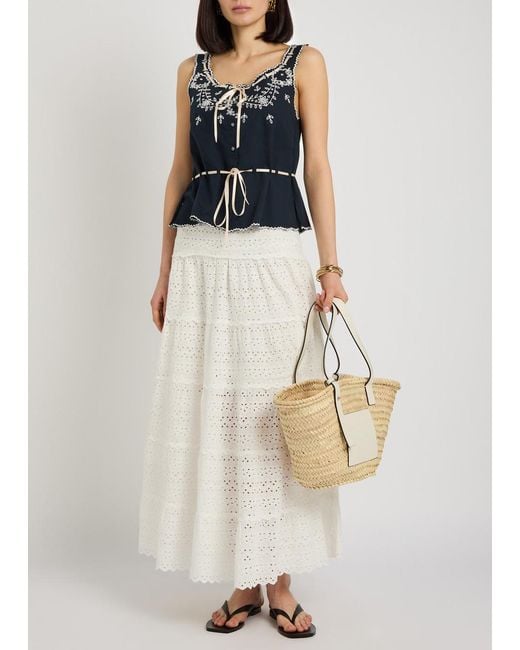 Rixo White Embroidered Cotton Midi Skirt