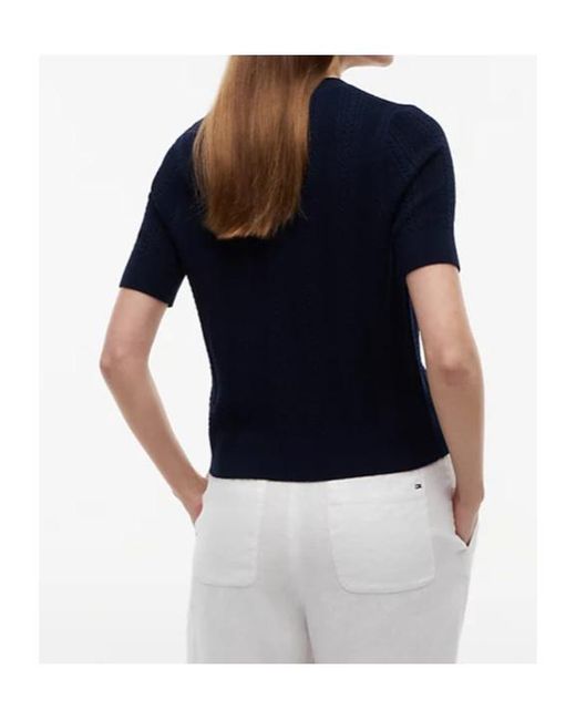 Tommy Hilfiger Blue Pointelle-Tone Button Short Sleeve Cardigan