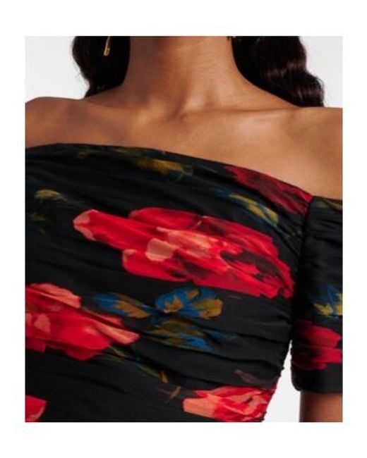 Carolina Herrera Red Floral Ruched Off-Shoulder Silk Chiffon Gown