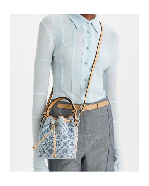 Tory Burch Blue T Monogram Drawstring Bucket Bag