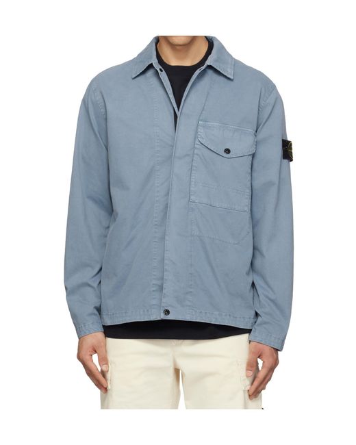 Stone Island Blue Logo Patch Long Sleeved Shirt Jacket for men