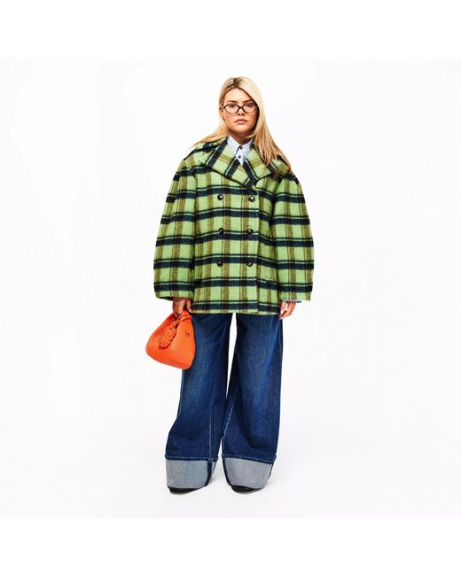 Ganni Green Brushed Wool Check Teddy Coat