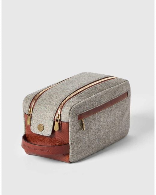Brunello Cucinelli Gray Virgin Wool, Alpaca And Cashmere Flannel Beauty Case With Grained Calfskin Inserts And Double Zipper for men