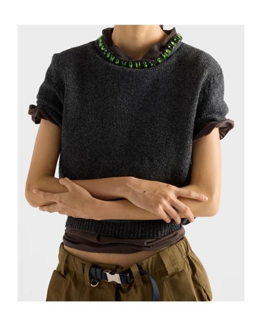 Prada Gray Embellished Short-Sleeved Jumper
