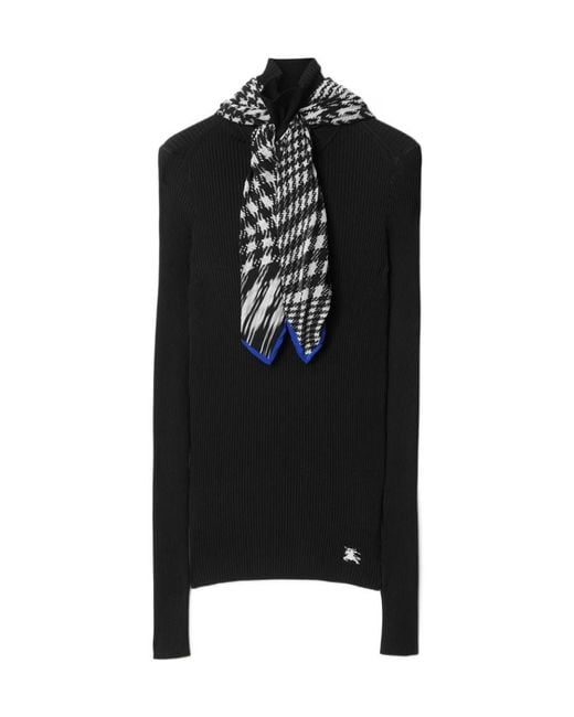 Burberry Black Scarf-Detailed High-Neck Ribbed Jumper
