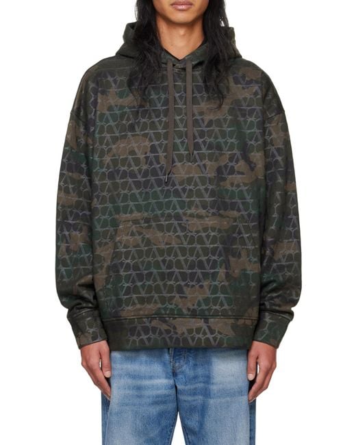 Valentino Green Camouflage Printed Drawstring Hoodie for men