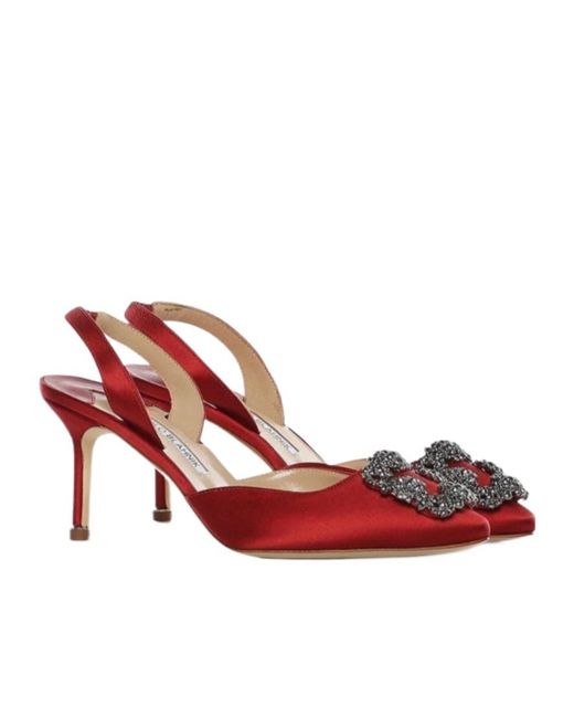 Manolo Blahnik Red Hangisli Buckled Slingback Satin Pumps