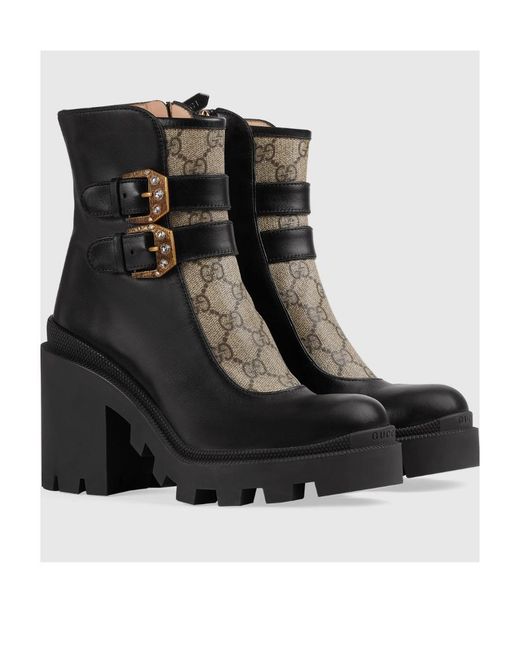 Gucci Black Gg Supreme Buckle Ankle Boots