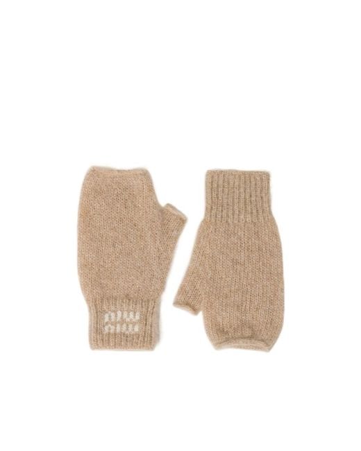 Miu Miu Natural Logo-Intarsia Knitted Gloves
