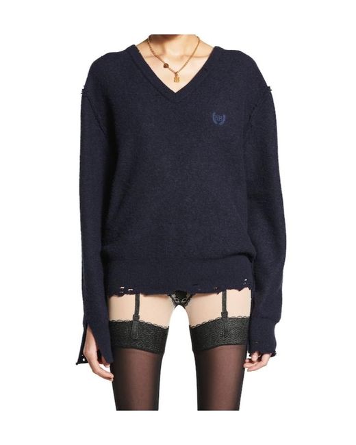 Balenciaga Blue Laurel Classic V-Neck Destroyed Sweater