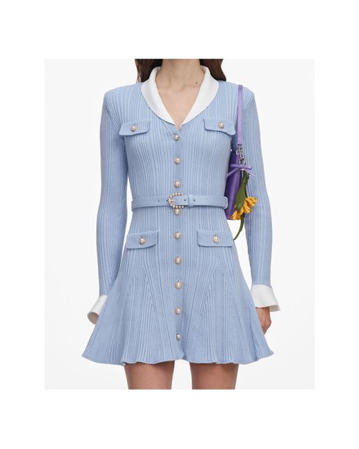 Self-Portrait Blue Ribbed Knit Mini Dress