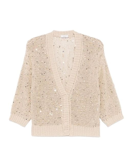 Peserico Natural V-Neck Sequin Embellished Knit Cardigan