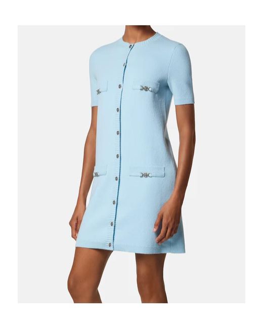 Versace Blue Crewneck Knitted Shirt Dress