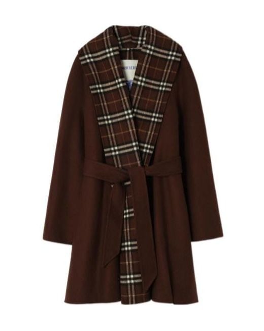 Burberry Brown Check Trim Wool Wrap Coat