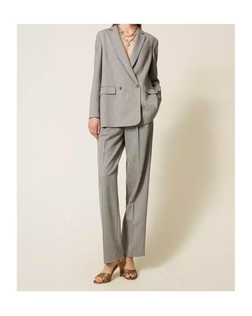 Twinset Gray Pinstriped Double-Breasted Blazer
