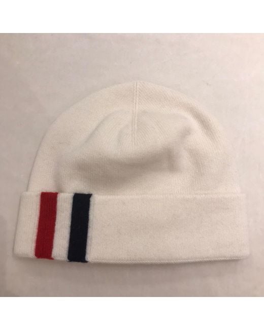 Thom Browne White Stripe Detail Merino Beanie for men