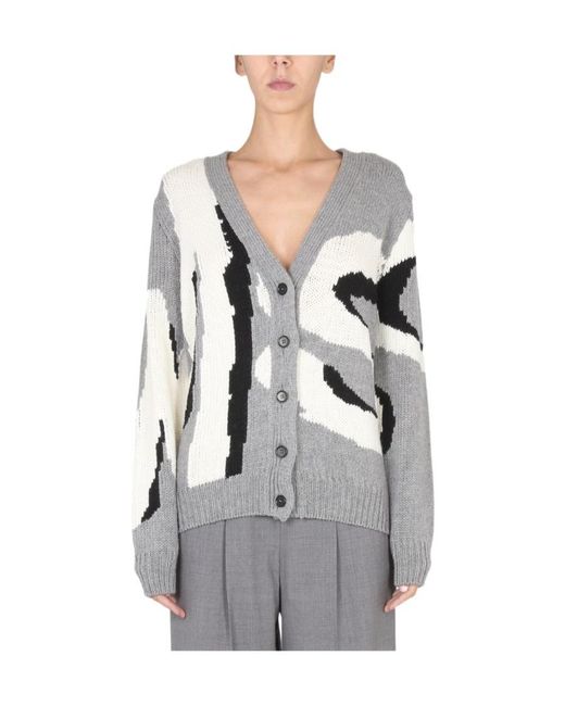 MSGM Gray Logo Intarsia V-Neck Cardigan
